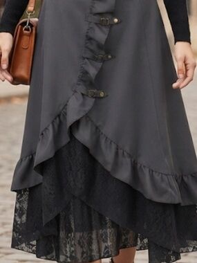 Asymmetrical Black Ruffle Lace Midi Skirt